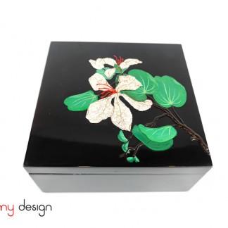 Black square lacquer box hand painted with Ban flower